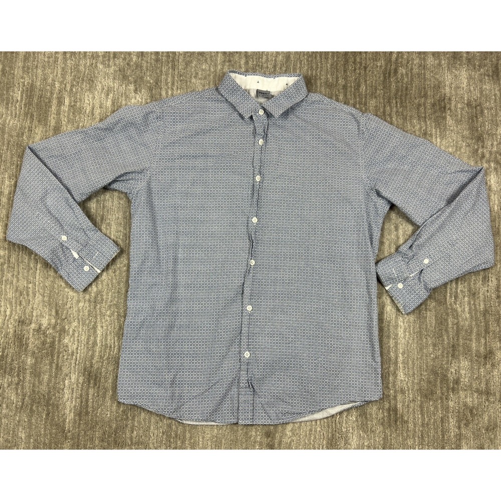Verdo Mens Shirt Large Blue White Geometric Linen Cotton Button Up Casual